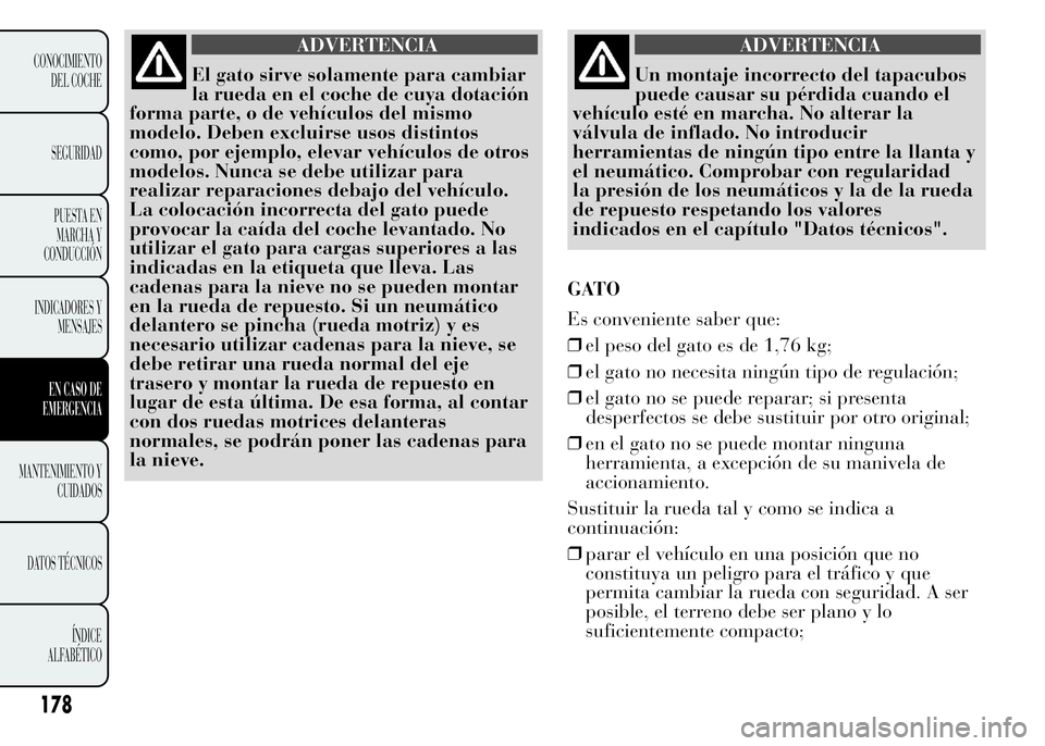 Lancia Ypsilon 2015 Manual de Empleo y Cuidado (in Spanish) ADVERTENCIA
El gato sirve solamente para cambiar
la rueda en el coche de cuya dotación
forma parte, o de vehículos del mismo
modelo. Deben excluirse usos distintos
como, por ejemplo, elevar vehícul Lancia Ypsilon 2015 Manual de Empleo y Cuidado (in Spanish) ADVERTENCIA
El gato sirve solamente para cambiar
la rueda en el coche de cuya dotación
forma parte, o de vehículos del mismo
modelo. Deben excluirse usos distintos
como, por ejemplo, elevar vehícul