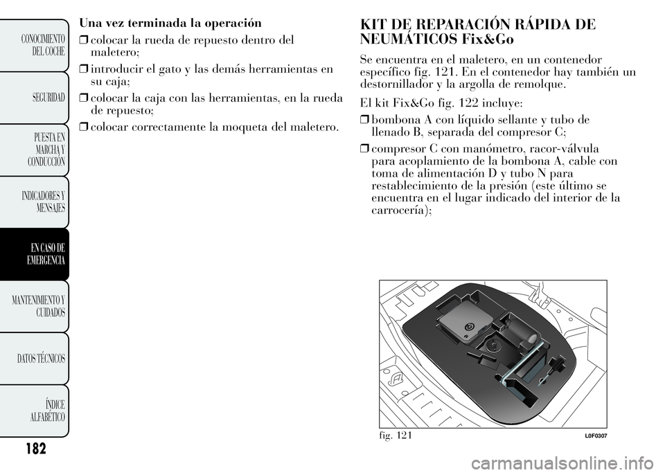 Lancia Ypsilon 2015  Manual de Empleo y Cuidado (in Spanish) Una vez terminada la operación
❒colocar la rueda de repuesto dentro del
maletero;
❒introducir el gato y las demás herramientas en
su caja;
❒colocar la caja con las herramientas, en la rueda
de