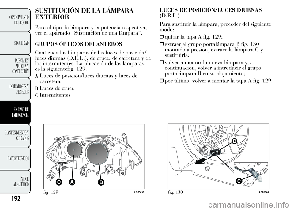 Lancia Ypsilon 2015 Manual de Empleo y Cuidado (in Spanish) SUSTITUCIÓN DE LA LÁMPARA
EXTERIOR
Para el tipo de lámpara y la potencia respectiva,
ver el apartado “Sustitución de una lámpara”.
GRUPOS ÓPTICOS DELANTEROS
Contienen las lámparas de las lu Lancia Ypsilon 2015 Manual de Empleo y Cuidado (in Spanish) SUSTITUCIÓN DE LA LÁMPARA
EXTERIOR
Para el tipo de lámpara y la potencia respectiva,
ver el apartado “Sustitución de una lámpara”.
GRUPOS ÓPTICOS DELANTEROS
Contienen las lámparas de las lu