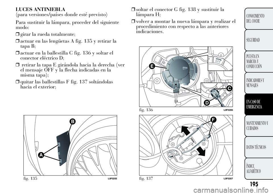 Lancia Ypsilon 2015  Manual de Empleo y Cuidado (in Spanish) LUCES ANTINIEBLA
(para versiones/países donde esté previsto)
Para sustituir la lámpara, proceder del siguiente
modo:
❒girar la rueda totalmente;
❒actuar en las lengüetas A fig. 135 y retirar l