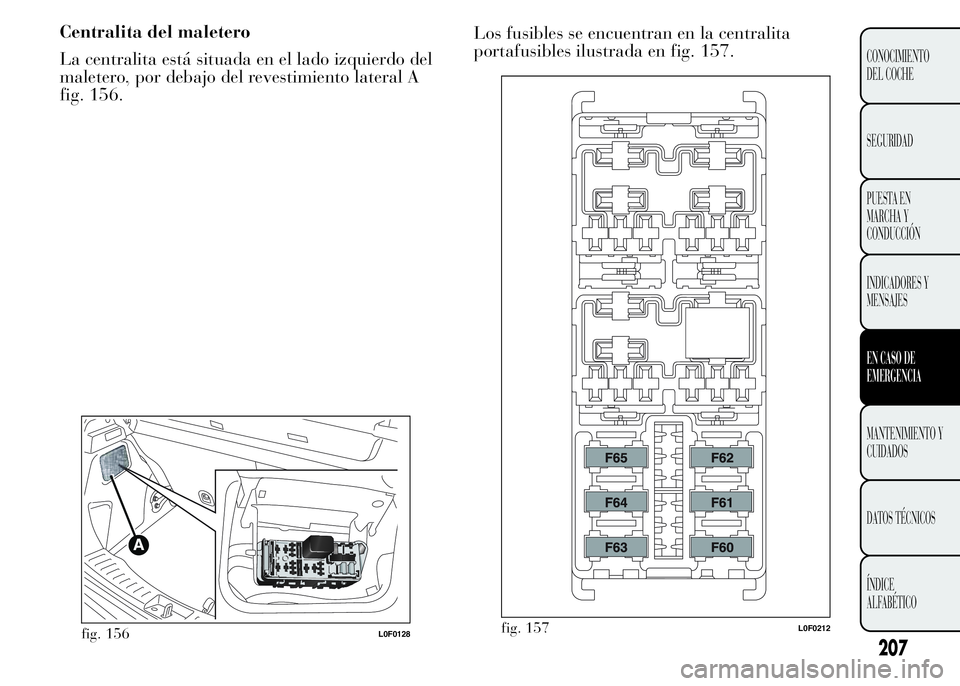 Lancia Ypsilon 2015  Manual de Empleo y Cuidado (in Spanish) Los fusibles se encuentran en la centralita
portafusibles ilustrada en fig. 157.
fig. 157L0F0212
207
CONOCIMIENTO
DEL COCHE
SEGURIDAD
PUESTA EN
MARCHA Y
CONDUCCIÓN
INDICADORES Y
MENSAJES
EN CASO DE
E