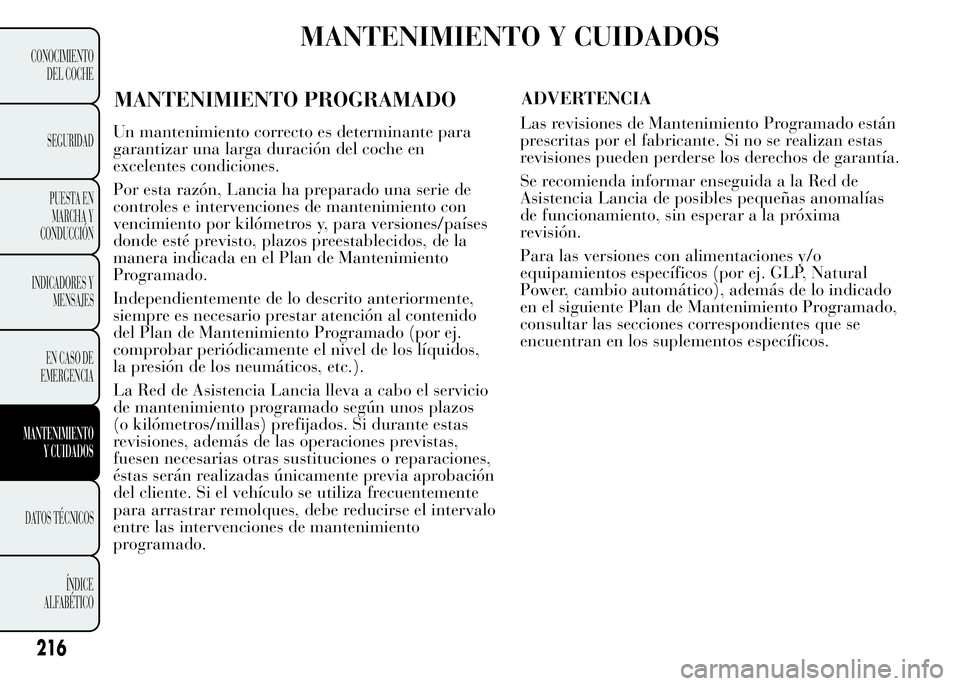 Lancia Ypsilon 2015 Manual de Empleo y Cuidado (in Spanish) MANTENIMIENTO Y CUIDADOS
MANTENIMIENTO PROGRAMADOADVERTENCIA
216
CONOCIMIENTO
DEL COCHE
SEGURIDAD
PUESTA EN
MARCHA Y
CONDUCCIÓN
INDICADORES Y
MENSAJES
EN CASO DE
EMERGENCIA
MANTENIMIENTO
Y CUIDADOS
D Lancia Ypsilon 2015 Manual de Empleo y Cuidado (in Spanish) MANTENIMIENTO Y CUIDADOS
MANTENIMIENTO PROGRAMADOADVERTENCIA
216
CONOCIMIENTO
DEL COCHE
SEGURIDAD
PUESTA EN
MARCHA Y
CONDUCCIÓN
INDICADORES Y
MENSAJES
EN CASO DE
EMERGENCIA
MANTENIMIENTO
Y CUIDADOS
D