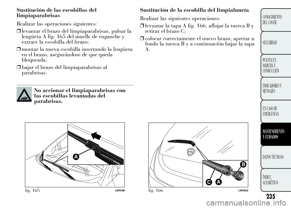 Lancia Ypsilon 2015  Manual de Empleo y Cuidado (in Spanish) Sustitución de las escobillas del
limpiaparabrisas
Realizar las operaciones siguientes:
❒levantar el brazo del limpiaparabrisas, pulsar la
lengüeta A fig. 165 del muelle de enganche y
extraer la e