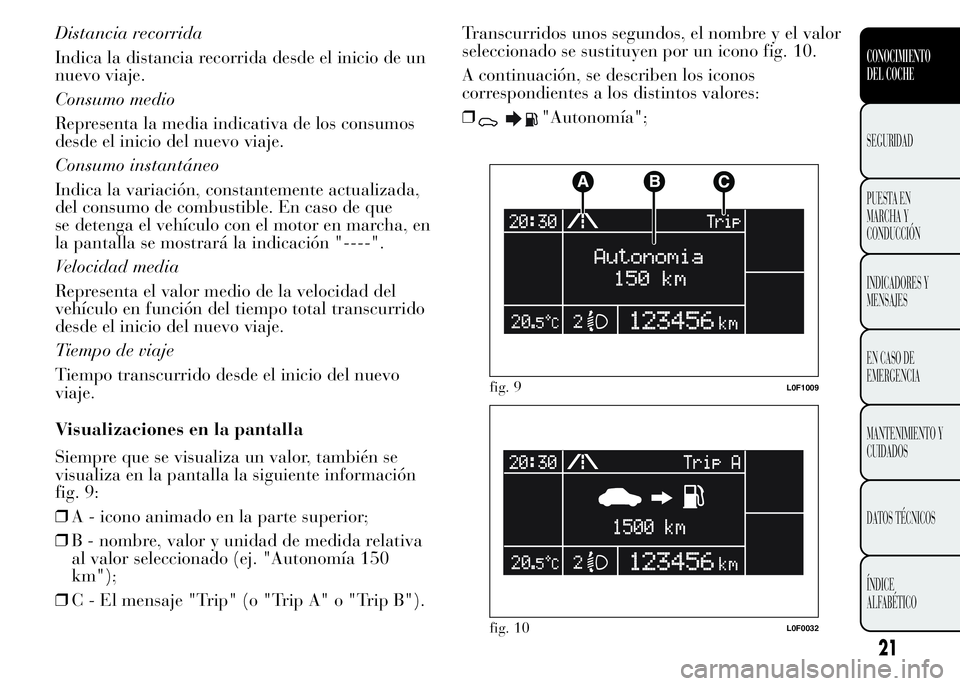 Lancia Ypsilon 2015 Manual de Empleo y Cuidado (in Spanish) Distancia recorrida
Indica la distancia recorrida desde el inicio de un
nuevo viaje.
Consumo medio
Representa la media indicativa de los consumos
desde el inicio del nuevo viaje.
Consumo instantáneo
Lancia Ypsilon 2015 Manual de Empleo y Cuidado (in Spanish) Distancia recorrida
Indica la distancia recorrida desde el inicio de un
nuevo viaje.
Consumo medio
Representa la media indicativa de los consumos
desde el inicio del nuevo viaje.
Consumo instantáneo