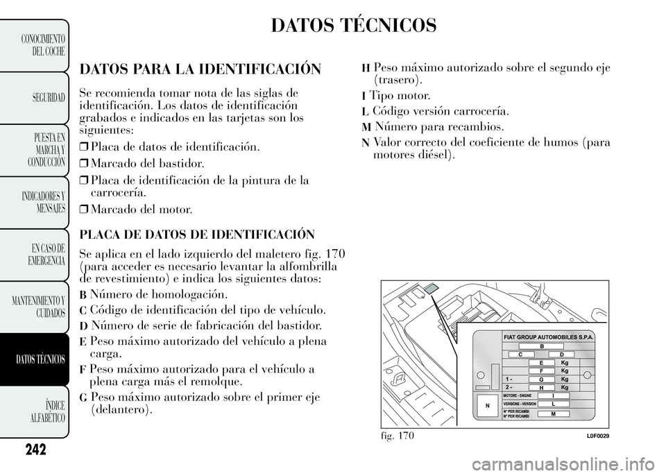 Lancia Ypsilon 2015 Manual de Empleo y Cuidado (in Spanish) DATOS TÉCNICOS
DATOS PARA LA IDENTIFICACIÓN
Se recomienda tomar nota de las siglas de
identificación. Los datos de identificación
grabados e indicados en las tarjetas son los
siguientes:
❒Placa Lancia Ypsilon 2015 Manual de Empleo y Cuidado (in Spanish) DATOS TÉCNICOS
DATOS PARA LA IDENTIFICACIÓN
Se recomienda tomar nota de las siglas de
identificación. Los datos de identificación
grabados e indicados en las tarjetas son los
siguientes:
❒Placa