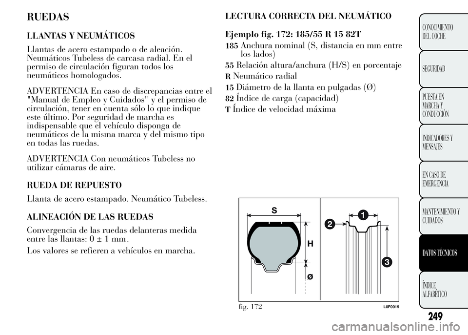 Lancia Ypsilon 2015 Manual de Empleo y Cuidado (in Spanish) RUEDAS
LLANTAS Y NEUMÁTICOS
Llantas de acero estampado o de aleación.
Neumáticos Tubeless de carcasa radial. En el
permiso de circulación figuran todos los
neumáticos homologados.
ADVERTENCIA En Lancia Ypsilon 2015 Manual de Empleo y Cuidado (in Spanish) RUEDAS
LLANTAS Y NEUMÁTICOS
Llantas de acero estampado o de aleación.
Neumáticos Tubeless de carcasa radial. En el
permiso de circulación figuran todos los
neumáticos homologados.
ADVERTENCIA En