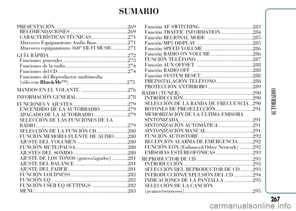 Lancia Ypsilon 2015 Manual de Empleo y Cuidado (in Spanish) SUMARIO
PRESENTACIÓN .....................................................269
RECOMENDACIONES ..........................................269
CARACTERÍSTICAS TÉCNICAS...........................271
Al Lancia Ypsilon 2015 Manual de Empleo y Cuidado (in Spanish) SUMARIO
PRESENTACIÓN .....................................................269
RECOMENDACIONES ..........................................269
CARACTERÍSTICAS TÉCNICAS...........................271
Al