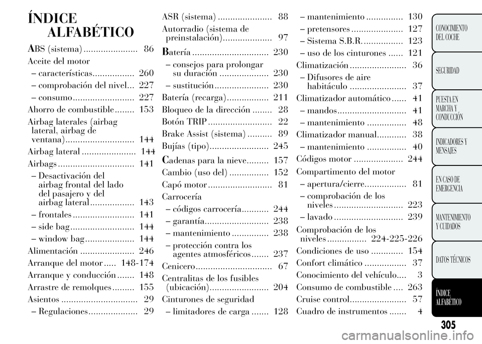 Lancia Ypsilon 2015 Manual de Empleo y Cuidado (in Spanish) ÍNDICE
ALFABÉTICO
ABS (sistema) ...................... 86
Aceite del motor
– características................. 260
– comprobación del nivel... 227
– consumo ......................... 227
Ahor Lancia Ypsilon 2015 Manual de Empleo y Cuidado (in Spanish) ÍNDICE
ALFABÉTICO
ABS (sistema) ...................... 86
Aceite del motor
– características................. 260
– comprobación del nivel... 227
– consumo ......................... 227
Ahor