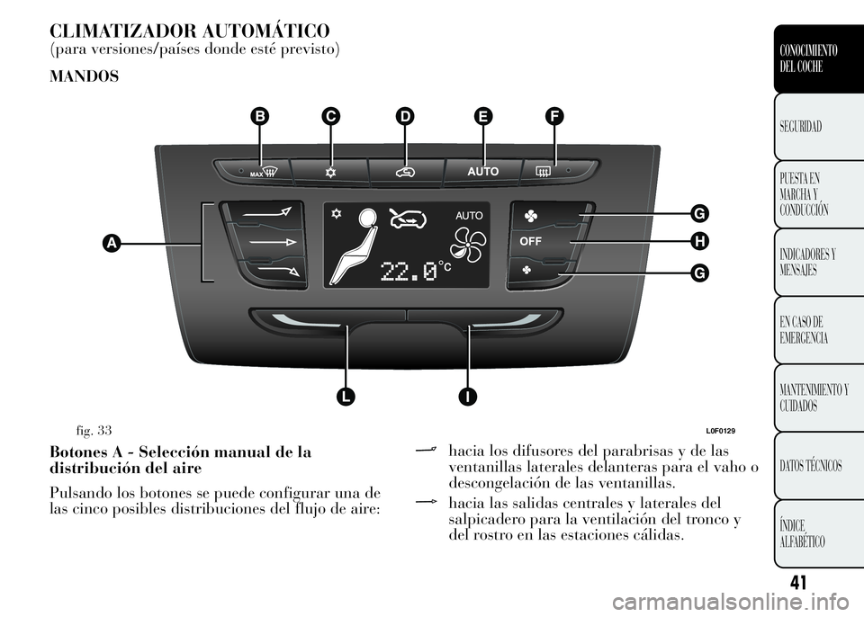 Lancia Ypsilon 2015  Manual de Empleo y Cuidado (in Spanish) CLIMATIZADOR AUTOMÁTICO
(para versiones/países donde esté previsto)
MANDOS
Botones A - Selección manual de la
distribución del aire
Pulsando los botones se puede configurar una de
las cinco posib