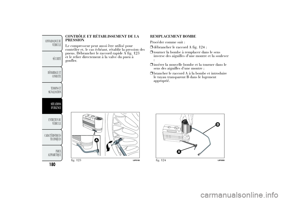 Lancia Ypsilon 2011  Notice dentretien (in French) CONTRÔLE ET RÉTABLISSEMENT DE LA
PRESSION
Le compresseur peut aussi être utilisé pour
contrôler et, le cas échéant, rétablir la pression des
pneus. Débrancher le raccord rapide A fig. 123
et 