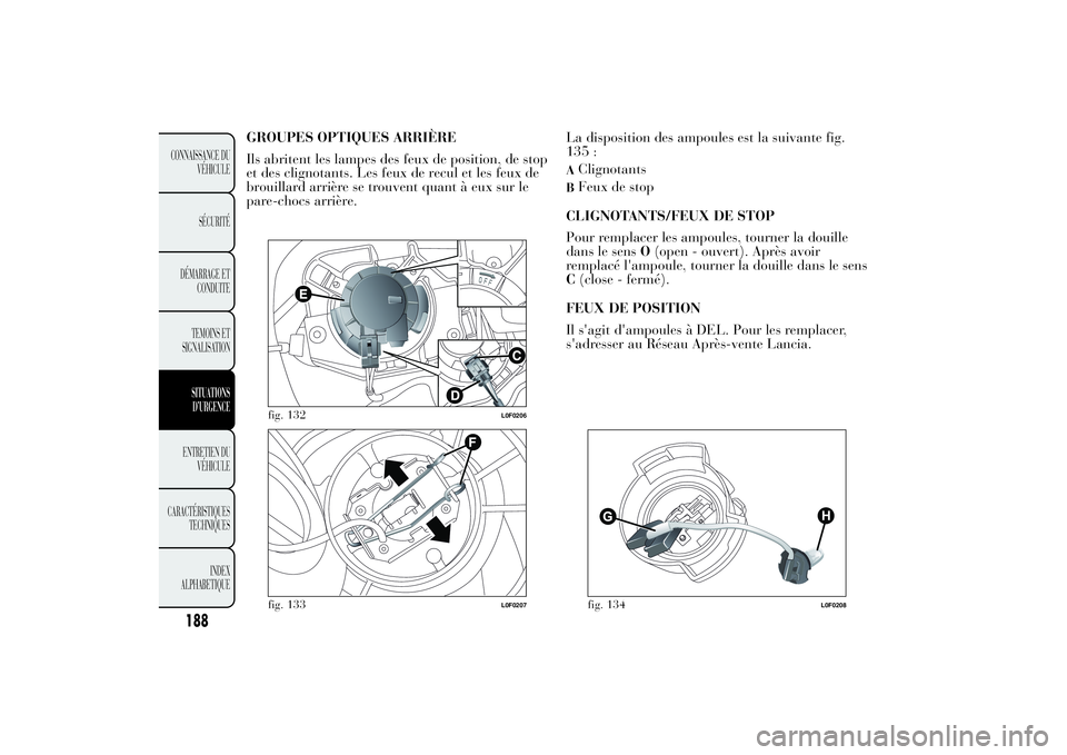 Lancia Ypsilon 2011  Notice dentretien (in French) GROUPES OPTIQUES ARRIÈRE
Ils abritent les lampes des feux de position, de stop
et des clignotants. Les feux de recul et les feux de
brouillard arrière se trouvent quant à eux sur le
pare-chocs arri
