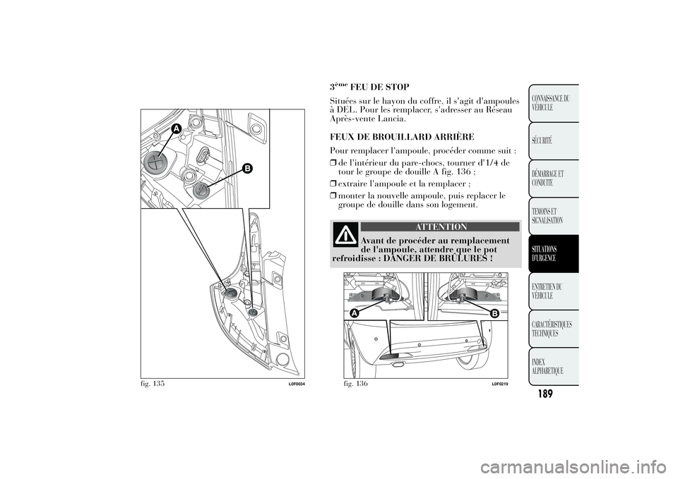 Lancia Ypsilon 2011  Notice dentretien (in French) 3ème
FEU DE STOP
Situées sur le hayon du coffre, il s'agit d'ampoules
à DEL. Pour les remplacer, s'adresser au Réseau
Après-vente Lancia.
FEUX DE BROUILLARD ARRIÈRE
Pour remplacer l&