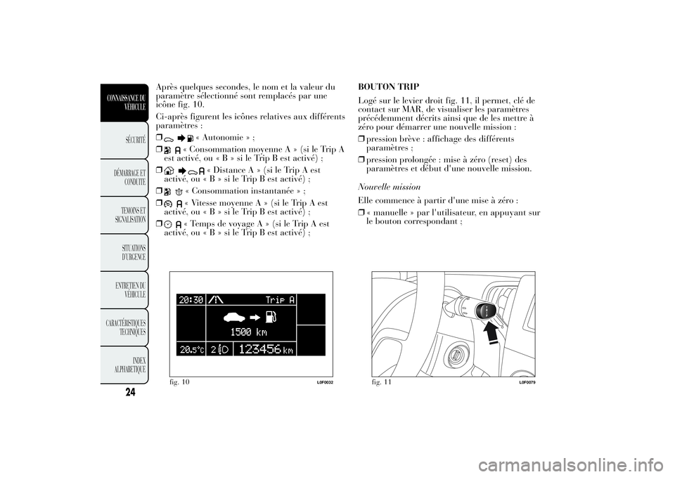 Lancia Ypsilon 2011  Notice dentretien (in French) Après quelques secondes, le nom et la valeur du
paramètre sélectionné sont remplacés par une
icône fig. 10.
Ci-après figurent les icônes relatives aux différents
paramètres :
❒
« Autonomi
