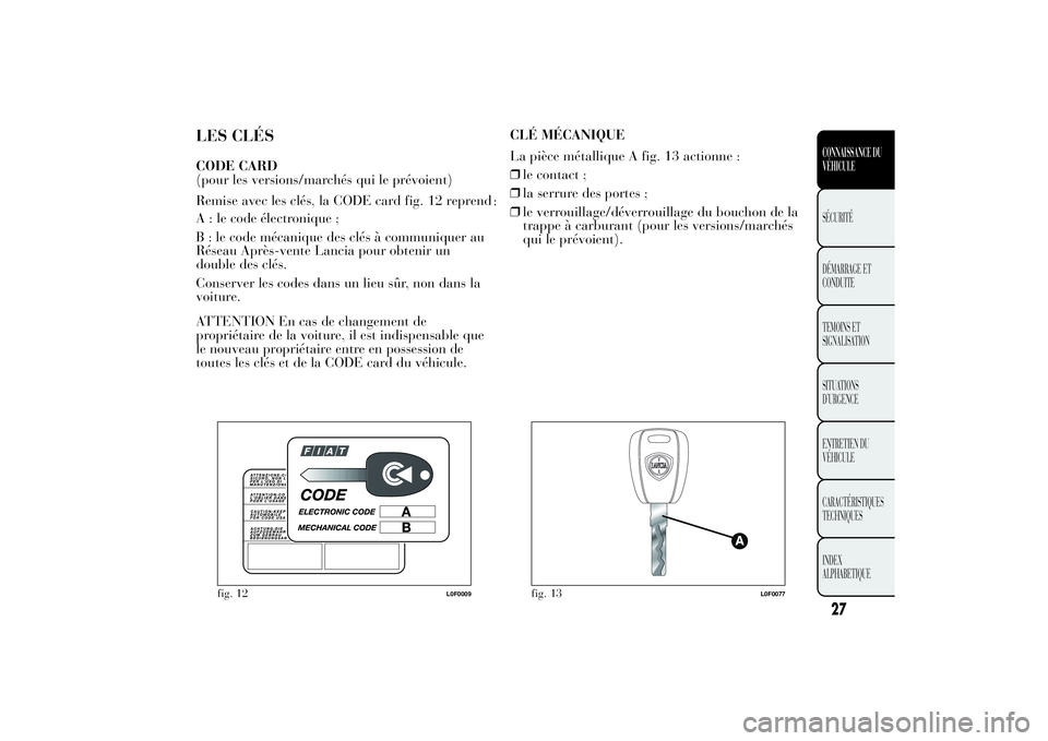 Lancia Ypsilon 2011  Notice dentretien (in French) LES CLÉSCODE CARD
(pour les versions/marchés qui le prévoient)
Remise avec les clés, la CODE card fig. 12 reprend
:
A : le code électronique ;
B : le code mécanique des clés à communiquer au
R