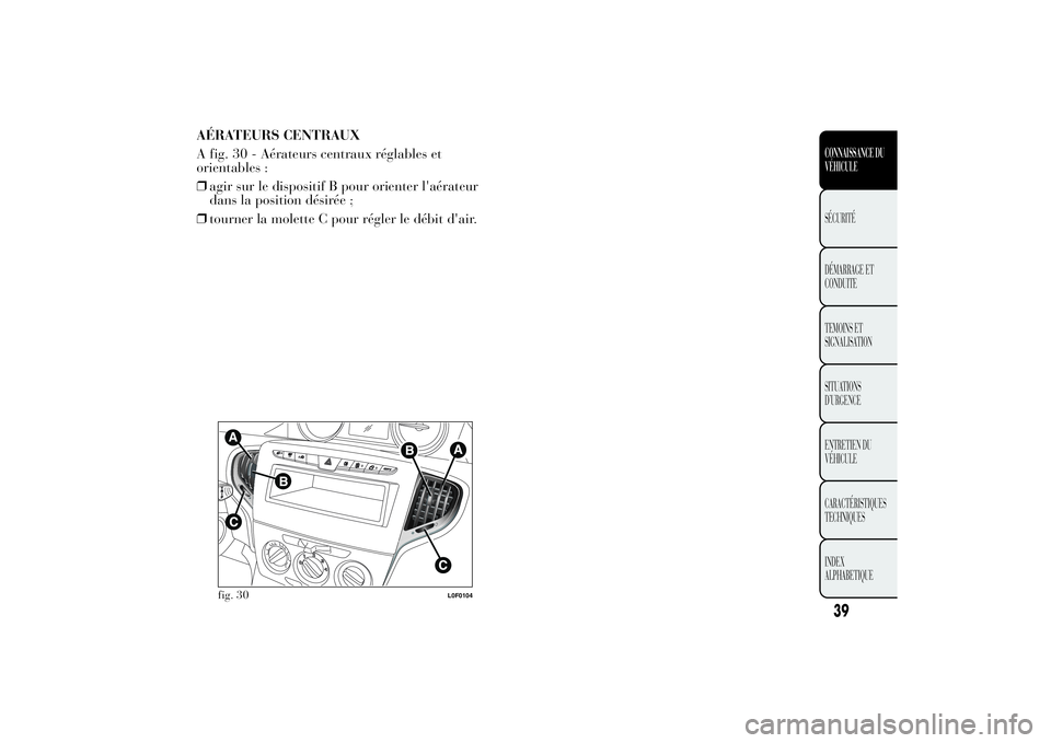 Lancia Ypsilon 2011  Notice dentretien (in French) AÉRATEURS CENTRAUX
A fig. 30 - Aérateurs centraux réglables et
orientables :
❒agir sur le dispositif B pour orienter l'aérateur
dans la position désirée ;
❒tourner la molette C pour rég