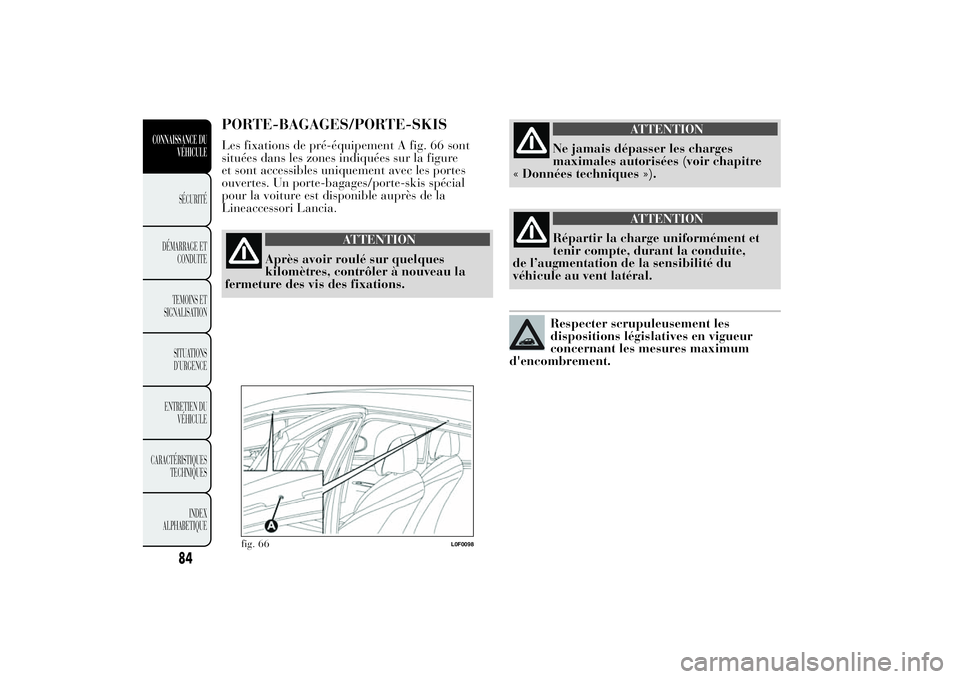Lancia Ypsilon 2011  Notice dentretien (in French) PORTE-BAGAGES/PORTE-SKISLes fixations de pré-équipement A fig. 66 sont
situées dans les zones indiquées sur la figure
et sont accessibles uniquement avec les portes
ouvertes. Un porte-bagages/port