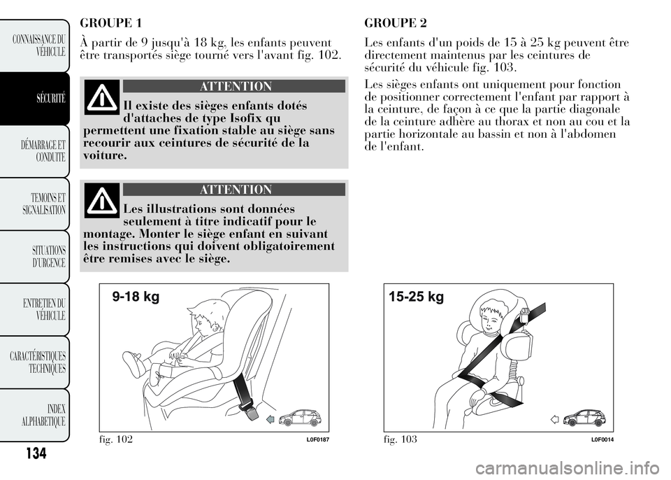 Lancia Ypsilon 2015 Notice dentretien (in French) GROUPE 1
À partir de 9 jusqu'à 18 kg, les enfants peuvent
être transportés siège tourné vers l'avant fig. 102.
ATTENTION
Il existe des sièges enfants dotés
d'attaches de type Isofi Lancia Ypsilon 2015 Notice dentretien (in French) GROUPE 1
À partir de 9 jusqu'à 18 kg, les enfants peuvent
être transportés siège tourné vers l'avant fig. 102.
ATTENTION
Il existe des sièges enfants dotés
d'attaches de type Isofi