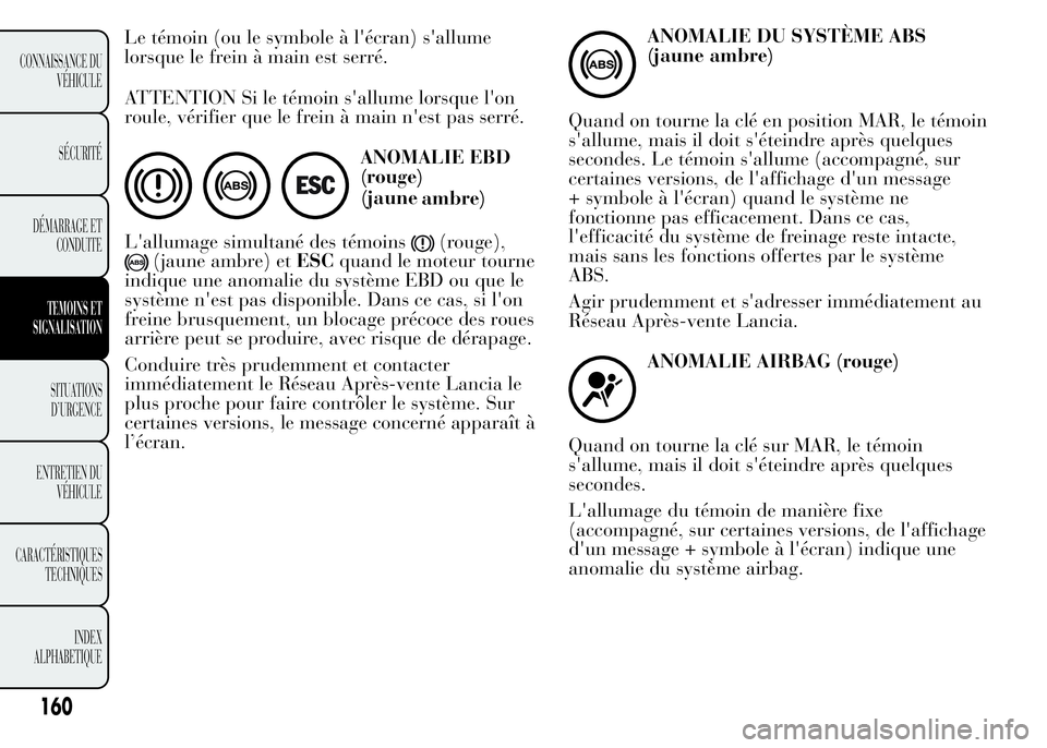 Lancia Ypsilon 2015 Notice dentretien (in French) ATTENTION Si le témoin s'allume lorsque l'on
roule, vérifier que le frein à main n'est pas serré.
ANOMALIE EBD
(rouge)
ambre)
L'allumage simultané des témoins
(rouge),
(jau Lancia Ypsilon 2015 Notice dentretien (in French) ATTENTION Si le témoin s'allume lorsque l'on
roule, vérifier que le frein à main n'est pas serré.
ANOMALIE EBD
(rouge)
ambre)
L'allumage simultané des témoins
(rouge),
(jau