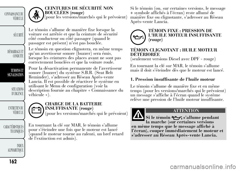 Lancia Ypsilon 2015 Notice dentretien (in French) CEINTURES DE SÉCURITÉ NON
BOUCLÉES (rouge)
(pour les versions/marchés qui le prévoient)
Le témoin s'allume de manière fixe lorsque la
voiture est arrêtée et que la ceinture de sécurité
Lancia Ypsilon 2015 Notice dentretien (in French) CEINTURES DE SÉCURITÉ NON
BOUCLÉES (rouge)
(pour les versions/marchés qui le prévoient)
Le témoin s'allume de manière fixe lorsque la
voiture est arrêtée et que la ceinture de sécurité