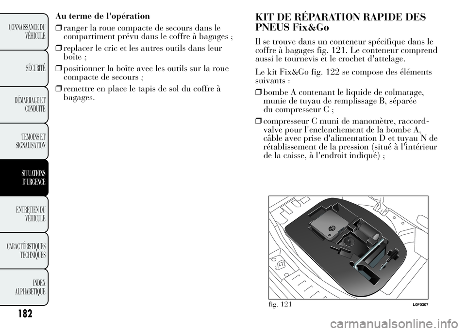 Lancia Ypsilon 2015 Notice dentretien (in French) Au terme de l'opération
❒ranger la roue compacte de secours dans le
compartiment prévu dans le coffre à bagages ;
❒replacer le cric et les autres outils dans leur
boîte ;
❒positionner la Lancia Ypsilon 2015 Notice dentretien (in French) Au terme de l'opération
❒ranger la roue compacte de secours dans le
compartiment prévu dans le coffre à bagages ;
❒replacer le cric et les autres outils dans leur
boîte ;
❒positionner la