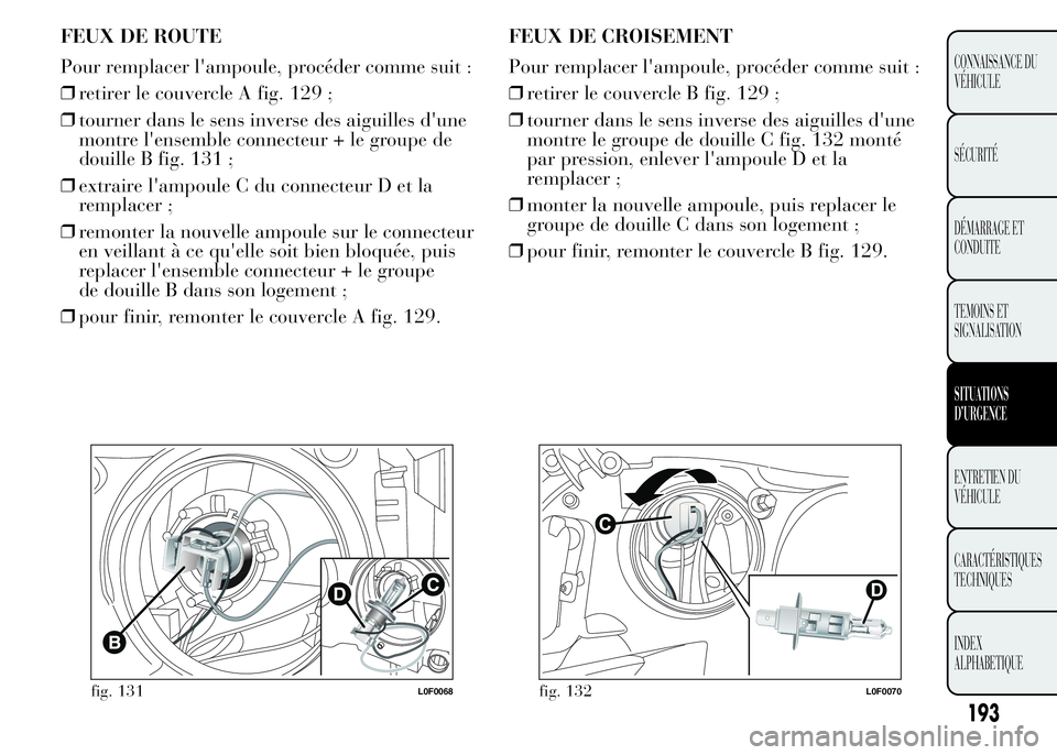 Lancia Ypsilon 2015 Notice dentretien (in French) FEUX DE ROUTE
Pour remplacer l'ampoule, procéder comme suit :
❒retirer le couvercle A fig. 129 ;
❒tourner dans le sens inverse des aiguilles d'une
montre l'ensemble connecteur + le gr Lancia Ypsilon 2015 Notice dentretien (in French) FEUX DE ROUTE
Pour remplacer l'ampoule, procéder comme suit :
❒retirer le couvercle A fig. 129 ;
❒tourner dans le sens inverse des aiguilles d'une
montre l'ensemble connecteur + le gr