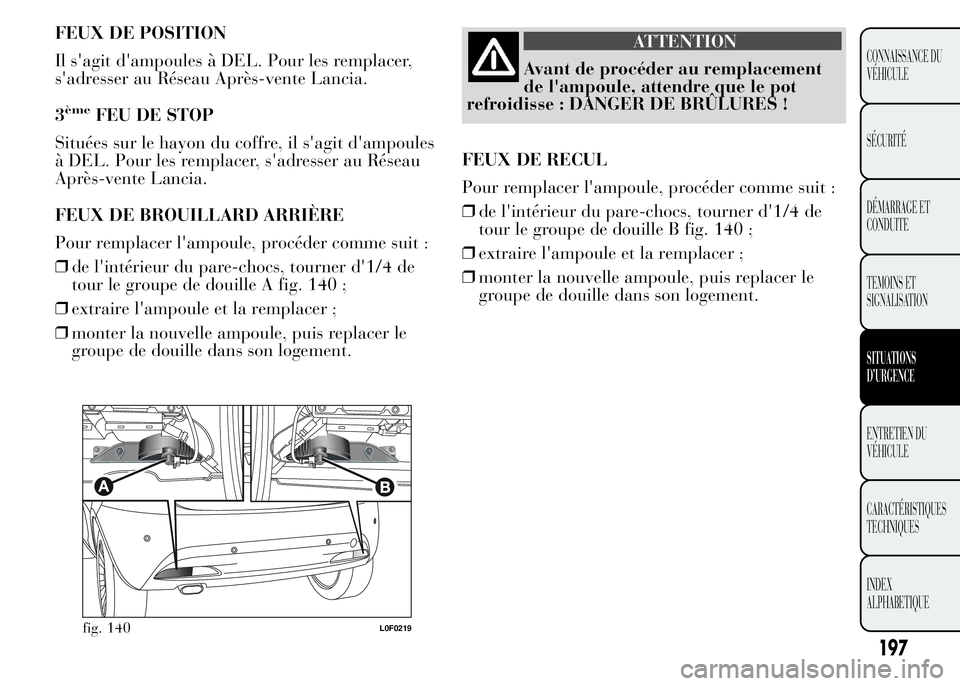 Lancia Ypsilon 2015  Notice dentretien (in French) FEUX DE POSITION
Il s'agit d'ampoules à DEL. Pour les remplacer,
s'adresser au Réseau Après-vente Lancia.
3
èmeFEU DE STOP
Situées sur le hayon du coffre, il s'agit d'ampoules