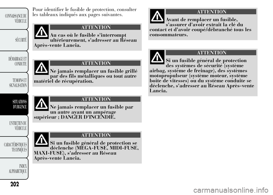 Lancia Ypsilon 2015  Notice dentretien (in French) Pour identifier le fusible de protection, consulter
les tableaux indiqués aux pages suivantes.
ATTENTION
Au cas où le fusible s'interrompt
ultérieurement, s'adresser au Réseau
Après-vente