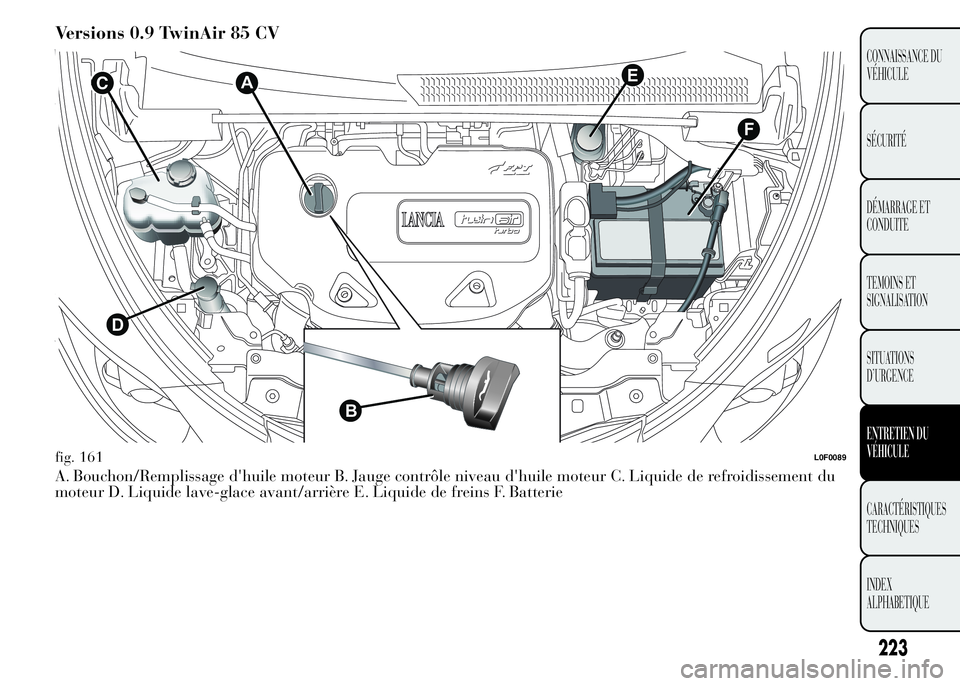 Lancia Ypsilon 2015  Notice dentretien (in French) Versions 0.9 TwinAir 85 CV
A. Bouchon/Remplissage d'huile moteur B. Jauge contrôle niveau d'huile moteur C. Liquide de refroidissement du
moteur D. Liquide lave-glace avant/arrière E. Liquid