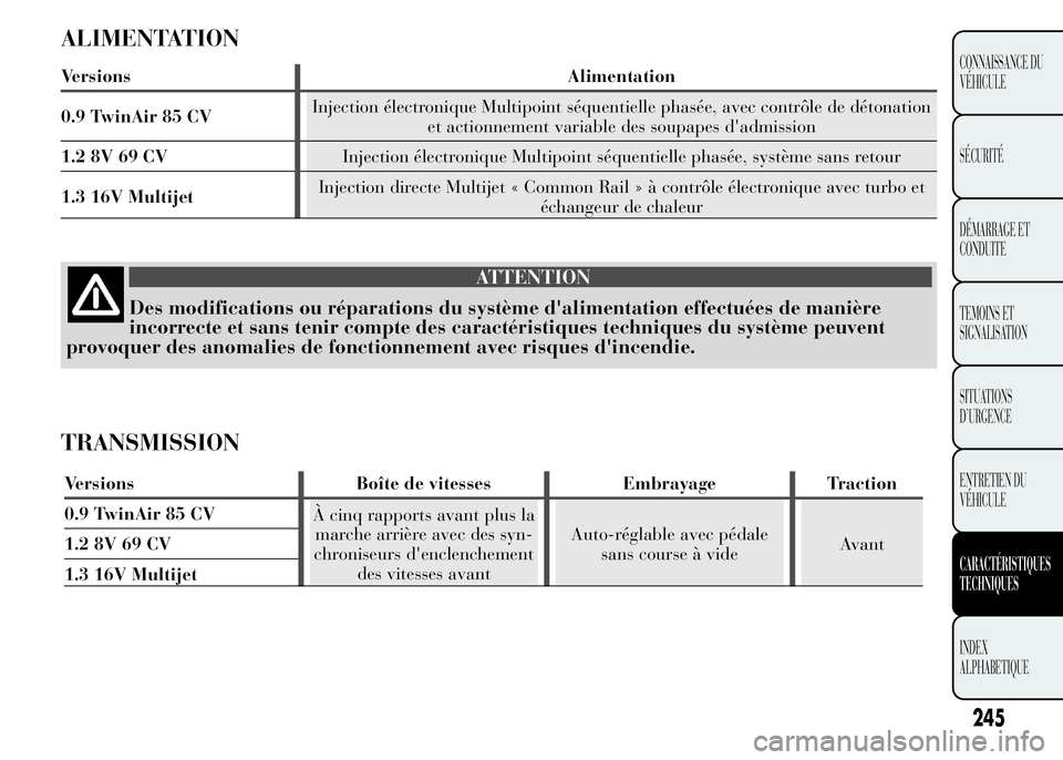Lancia Ypsilon 2015 Notice dentretien (in French) ALIMENTATION
Versions Alimentation
0.9 TwinAir 85 CVInjection électronique Multipoint séquentielle phasée, avec contrôle de détonation
et actionnement variable des soupapes d'admission
1.2 8V Lancia Ypsilon 2015 Notice dentretien (in French) ALIMENTATION
Versions Alimentation
0.9 TwinAir 85 CVInjection électronique Multipoint séquentielle phasée, avec contrôle de détonation
et actionnement variable des soupapes d'admission
1.2 8V