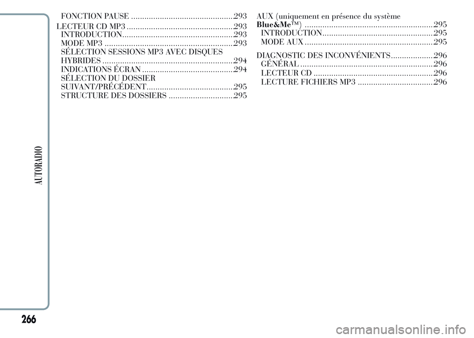 Lancia Ypsilon 2015 Notice dentretien (in French) FONCTION PAUSE ...............................................293
LECTEUR CD MP3 .................................................293
INTRODUCTION...................................................293 Lancia Ypsilon 2015 Notice dentretien (in French) FONCTION PAUSE ...............................................293
LECTEUR CD MP3 .................................................293
INTRODUCTION...................................................293