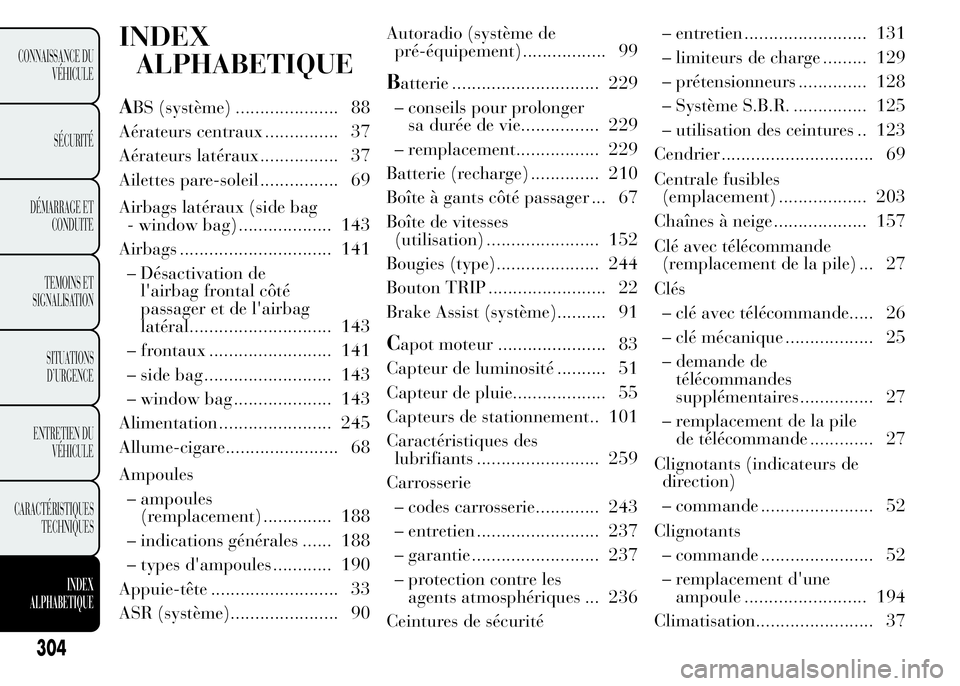 Lancia Ypsilon 2015 Notice dentretien (in French) INDEX
ALPHABETIQUE
ABS (système) ..................... 88
Aérateurs centraux ............... 37
Aérateurs latéraux ................ 37
Ailettes pare-soleil ................ 69
Airbags latéraux (s Lancia Ypsilon 2015 Notice dentretien (in French) INDEX
ALPHABETIQUE
ABS (système) ..................... 88
Aérateurs centraux ............... 37
Aérateurs latéraux ................ 37
Ailettes pare-soleil ................ 69
Airbags latéraux (s