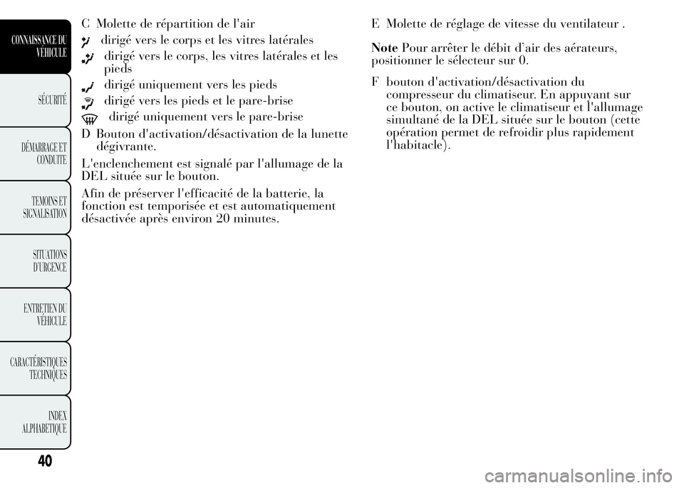 Lancia Ypsilon 2015 Notice dentretien (in French) C Molette de répartition de l'air
dirigé vers le corps et les vitres latérales
dirigé vers le corps, les vitres latérales et les
pieds
dirigé uniquement vers les pieds
dirigé vers les pieds Lancia Ypsilon 2015 Notice dentretien (in French) C Molette de répartition de l'air
dirigé vers le corps et les vitres latérales
dirigé vers le corps, les vitres latérales et les
pieds
dirigé uniquement vers les pieds
dirigé vers les pieds