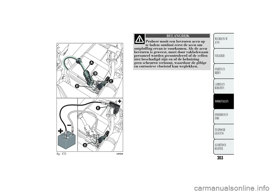 Lancia Ypsilon 2011  Instructieboek (in Dutch) BELANGRIJK
Probeer nooit een bevroren accu op
te laden: ontdooi eerst de accu om
ontploffing ervan te voorkomen. Als de accu
bevroren is geweest, moet door vakbekwaam
personeel worden gecontroleerd of