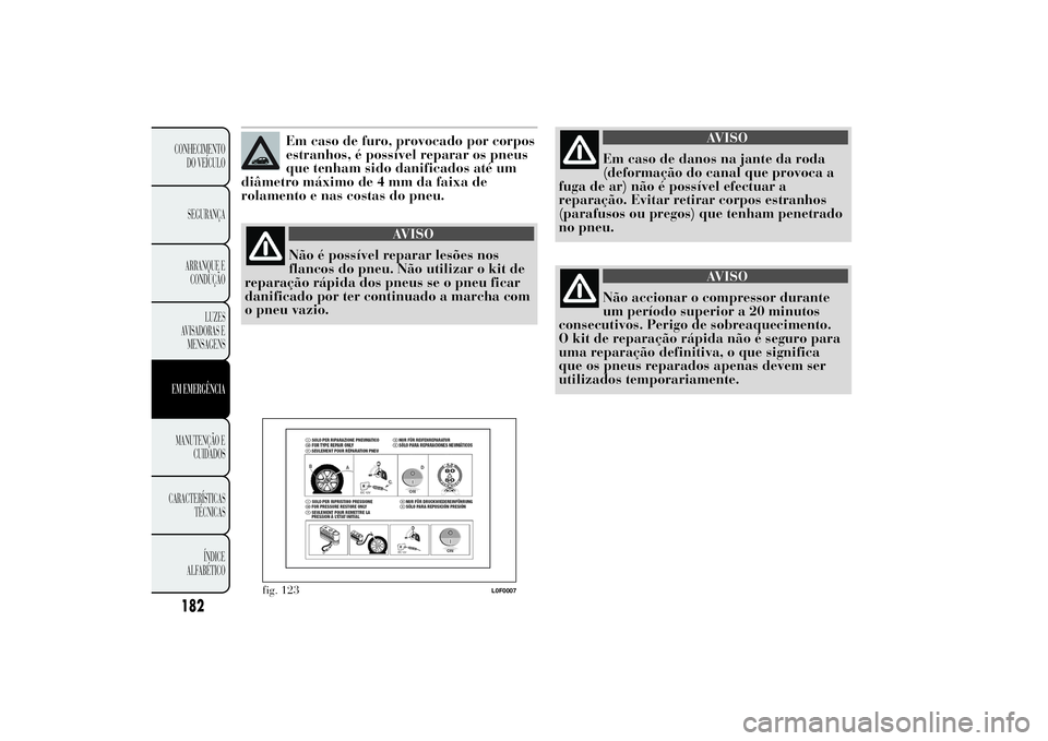Lancia Ypsilon 2012 Manual de Uso e Manutenção (in Portuguese) Em caso de furo, provocado por corpos
estranhos, é possível reparar os pneus
que tenham sido danificados até um
diâmetro máximo de 4 mm da faixa de
rolamento e nas costas do pneu.
AVISO
Não é p Lancia Ypsilon 2012 Manual de Uso e Manutenção (in Portuguese) Em caso de furo, provocado por corpos
estranhos, é possível reparar os pneus
que tenham sido danificados até um
diâmetro máximo de 4 mm da faixa de
rolamento e nas costas do pneu.
AVISO
Não é p