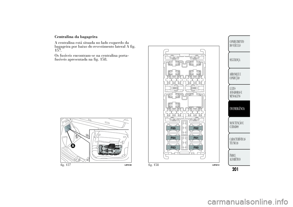 Lancia Ypsilon 2012  Manual de Uso e Manutenção (in Portuguese) Centralina da bagageira
A centralina está situada no lado esquerdo da
bagageira por baixo do revestimento lateral A fig.
157.
Os fusíveis encontram-se na centralina porta-
fusíveis apresentada na f