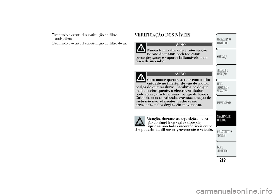 Lancia Ypsilon 2012  Manual de Uso e Manutenção (in Portuguese) ❒controlo e eventual substituição do filtro
anti-pólen;
❒controlo e eventual substituição do filtro do ar.
VERIFICAÇÃO DOS NÍVEIS
AVISO
Nunca fumar durante a intervenção
no vão do motor