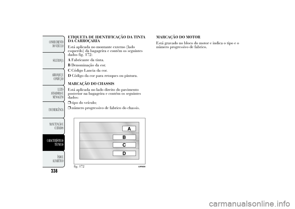 Lancia Ypsilon 2012  Manual de Uso e Manutenção (in Portuguese) ETIQUETA DE IDENTIFICAÇÃO DA TINTA
DA CARROÇARIA
Está aplicada no montante externo (lado
esquerdo) da bagageira e contém os seguintes
dados fig. 172:
AFabricante da tinta.
BDenominação da cor.

