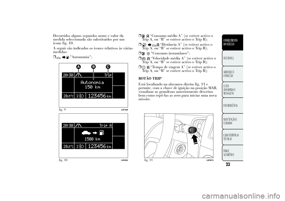 Lancia Ypsilon 2012  Manual de Uso e Manutenção (in Portuguese) Decorridos alguns segundos nome e valor da
medida seleccionada são substituídos por um
ícone fig. 10.
A seguir são indicados os ícones relativos às várias
medidas:
❒
"Autonomia";❒

