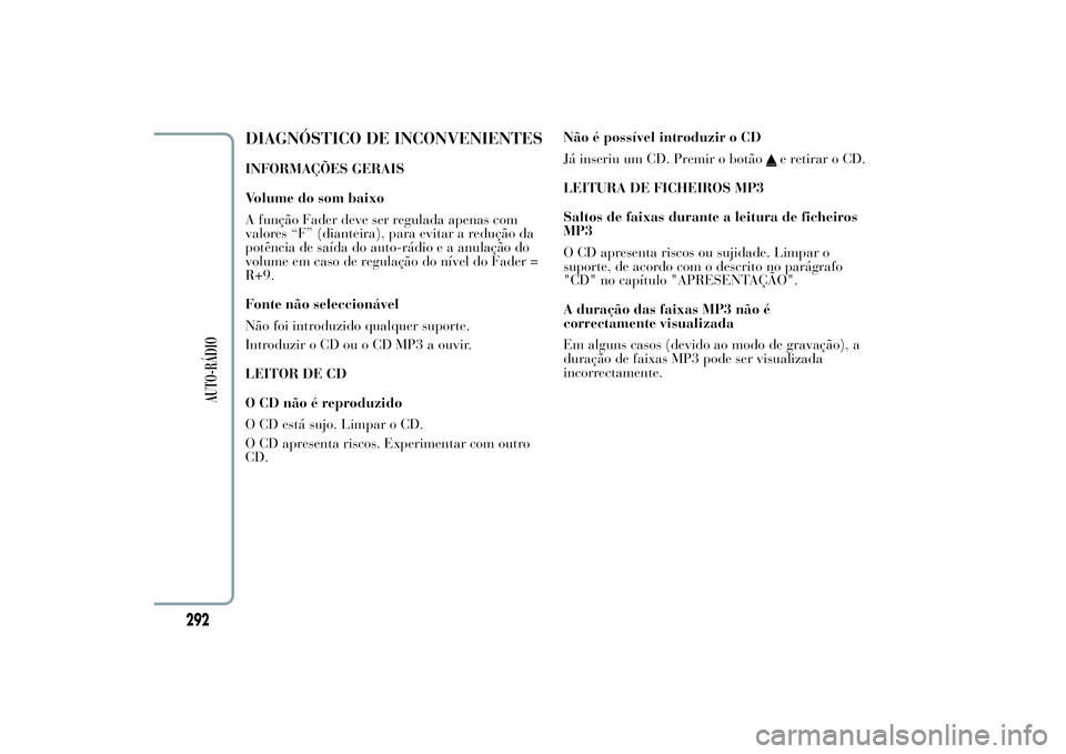 Lancia Ypsilon 2012  Manual de Uso e Manutenção (in Portuguese) DIAGNÓSTICO DE INCONVENIENTESINFORMAÇÕES GERAIS
Volume do som baixo
A função Fader deve ser regulada apenas com
valores “F” (dianteira), para evitar a redução da
potência de saída do auto