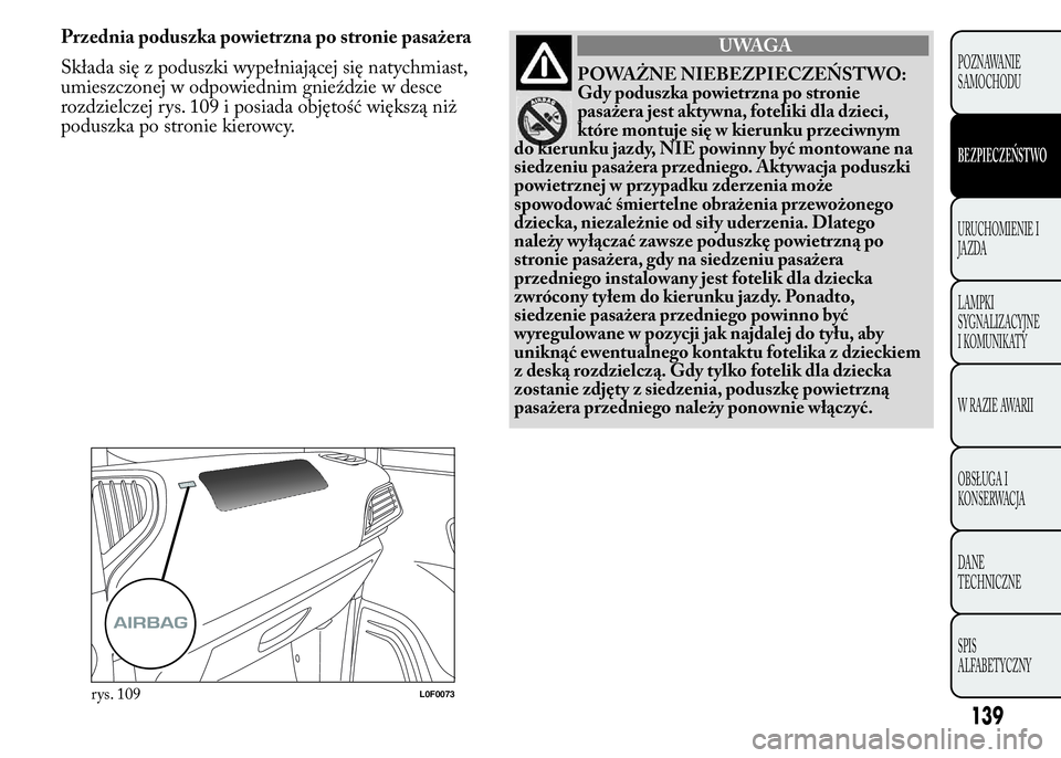 Lancia Ypsilon 2015  Instrukcja obsługi (in Polish) Przednia poduszka powietrzna po stronie pasażera
Składa się z poduszki wypełniającej się natychmiast,
umieszczonej w odpowiednim gnieździe w desce
rozdzielczej rys. 109 i posiada objętość wi