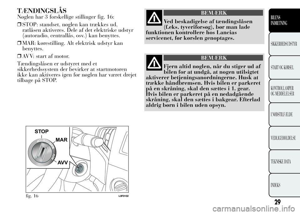 Lancia Ypsilon 2015 Brugs- og vedligeholdelsesvejledning (in Danish) TÆNDINGSLÅS
Nøglen har 3 forskellige stillinger fig. 16:
❒STOP: standset, nøglen kan trækkes ud,
ratlåsen aktiveres. Dele af det elektriske udstyr
(autoradio, centrallås, osv.) kan benyttes.
Lancia Ypsilon 2015 Brugs- og vedligeholdelsesvejledning (in Danish) TÆNDINGSLÅS
Nøglen har 3 forskellige stillinger fig. 16:
❒STOP: standset, nøglen kan trækkes ud,
ratlåsen aktiveres. Dele af det elektriske udstyr
(autoradio, centrallås, osv.) kan benyttes.