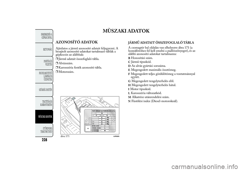 Lancia Ypsilon 2012  Kezelési és karbantartási útmutató (in Hungarian) MÙSZAKI ADATOK
AZONOSÍTÓ ADATOKAjánlatos a jármű azonosító adatait feljegyezni. A
besajtolt azonosító adatokat tartalmazó táblák a
gépkocsin az alábbiak:
❒Jármű adatait összefoglal
