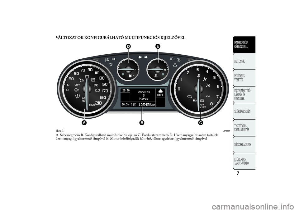 Lancia Ypsilon 2012  Kezelési és karbantartási útmutató (in Hungarian) VÁLTOZATOK KONFIGURÁLHATÓ MULTIFUNKCIÓS KIJELZŐVELA. Sebességmérő B. Konfigurálható multifunkciós kijelző C. Fordulatszámmérő D. Üzemanyagszint-mérő tartalék
üzemanyag figyelmeztet