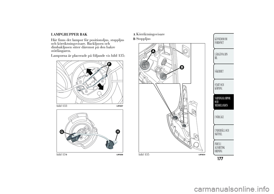 Lancia Ypsilon 2011  Drift- och underhållshandbok (in Swedish) LAMPGRUPPER BAK
Här finns det lampor för positionsljus, stoppljus
och körriktningsvisare. Backljusen och
dimbakljusen sitter däremot på den bakre
stötfångaren.
Lamporna är placerade på följa