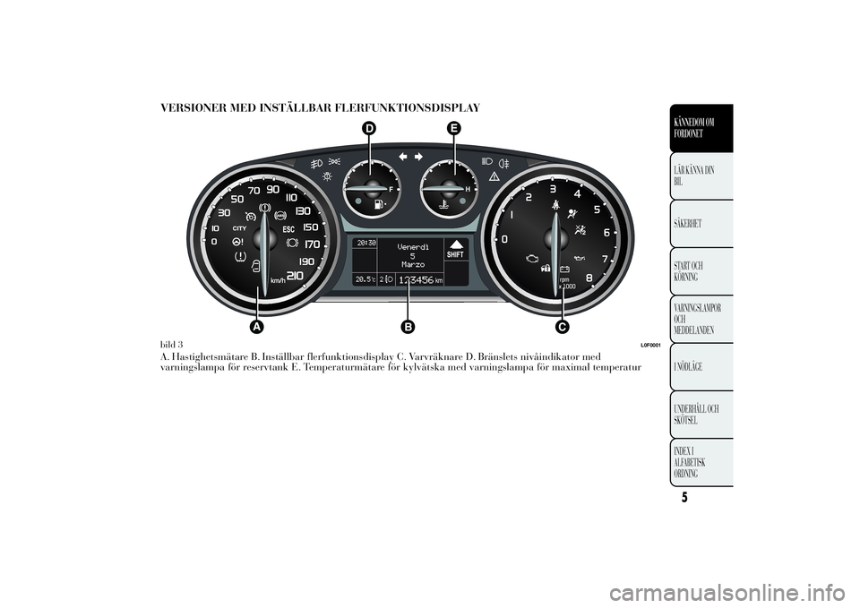 Lancia Ypsilon 2014  Drift- och underhållshandbok (in Swedish) VERSIONER MED INSTÄLLBAR FLERFUNKTIONSDISPLAYA. Hastighetsmätare B. Inställbar flerfunktionsdisplay C. Varvräknare D. Bränslets nivåindikator med
varningslampa för reservtank E. Temperaturmäta