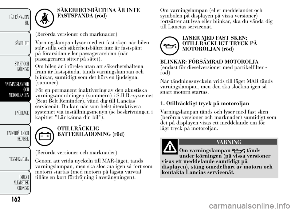 Lancia Ypsilon 2015 Drift- och underhållshandbok (in Swedish) SÄKERHETSBÄLTENA ÄR INTE
FASTSPÄNDA (röd)
(Berörda versioner och marknader)
Varningslampan lyser med ett fast sken när bilen
står stilla och säkerhetsbältet inte är fastspänt
på förarsid Lancia Ypsilon 2015 Drift- och underhållshandbok (in Swedish) SÄKERHETSBÄLTENA ÄR INTE
FASTSPÄNDA (röd)
(Berörda versioner och marknader)
Varningslampan lyser med ett fast sken när bilen
står stilla och säkerhetsbältet inte är fastspänt
på förarsid