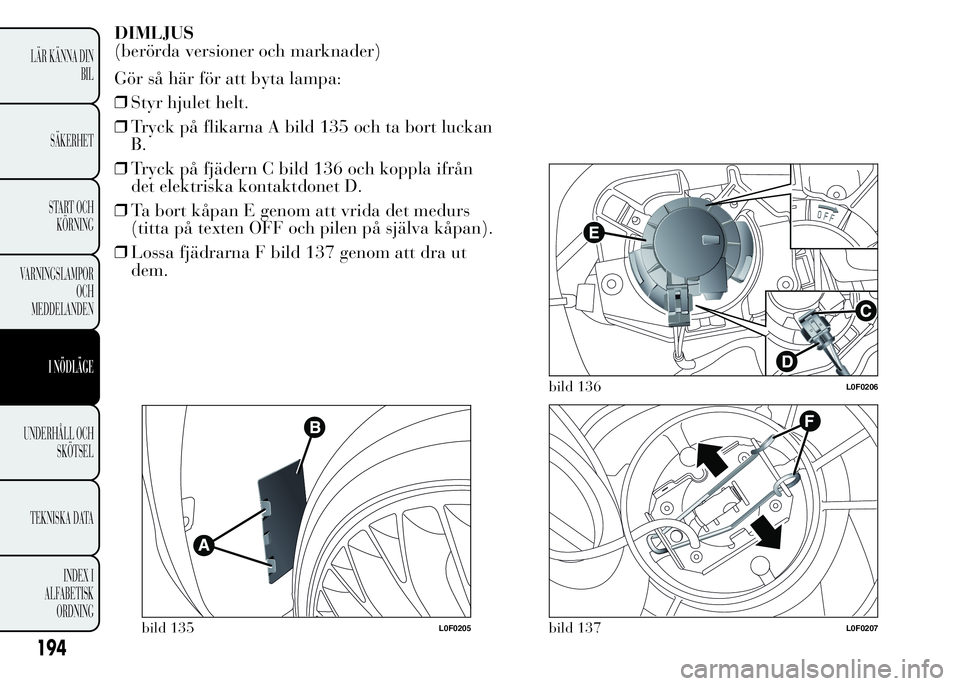 Lancia Ypsilon 2015  Drift- och underhållshandbok (in Swedish) DIMLJUS
(berörda versioner och marknader)
Gör så här för att byta lampa:
❒Styr hjulet helt.
❒Tryck på flikarna A bild 135 och ta bort luckan
B.
❒Tryck på fjädern C bild 136 och koppla if