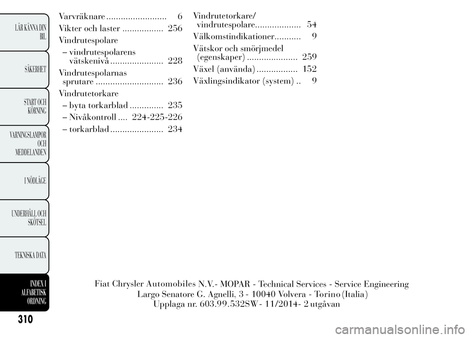 Lancia Ypsilon 2015  Drift- och underhållshandbok (in Swedish) Varvräknare ......................... 6
Vikter och laster ................. 256
Vindrutespolare
– vindrutespolarens
vätskenivå ...................... 228
Vindrutespolarnas
sprutare ..............