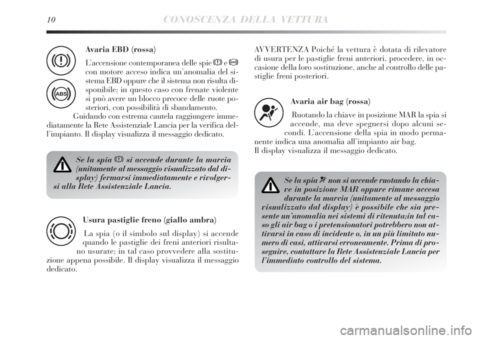 Lancia Delta 2008 Libretto Uso Manutenzione (in Italian) 10CONOSCENZA DELLA VETTURA
Se la spia xsi accende durante la marcia
(unitamente al messaggio visualizzato dal di-
splay) fermarsi immediatamente e rivolger-
si alla Rete Assistenziale Lancia.
Usura pa Lancia Delta 2008 Libretto Uso Manutenzione (in Italian) 10CONOSCENZA DELLA VETTURA
Se la spia xsi accende durante la marcia
(unitamente al messaggio visualizzato dal di-
splay) fermarsi immediatamente e rivolger-
si alla Rete Assistenziale Lancia.
Usura pa