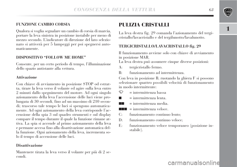 Lancia Delta 2008 Libretto Uso Manutenzione (in Italian) CONOSCENZA DELLA VETTURA63
1
FUNZIONE CAMBIO CORSIA
Qualora si voglia segnalare un cambio di corsia di marcia,
portare la leva sinistra in posizione instabile per meno di
mezzo secondo. L’indicatore Lancia Delta 2008 Libretto Uso Manutenzione (in Italian) CONOSCENZA DELLA VETTURA63
1
FUNZIONE CAMBIO CORSIA
Qualora si voglia segnalare un cambio di corsia di marcia,
portare la leva sinistra in posizione instabile per meno di
mezzo secondo. L’indicatore